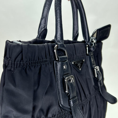 Gaufre Black Top Handle Bag in Nylon, Silver hardware