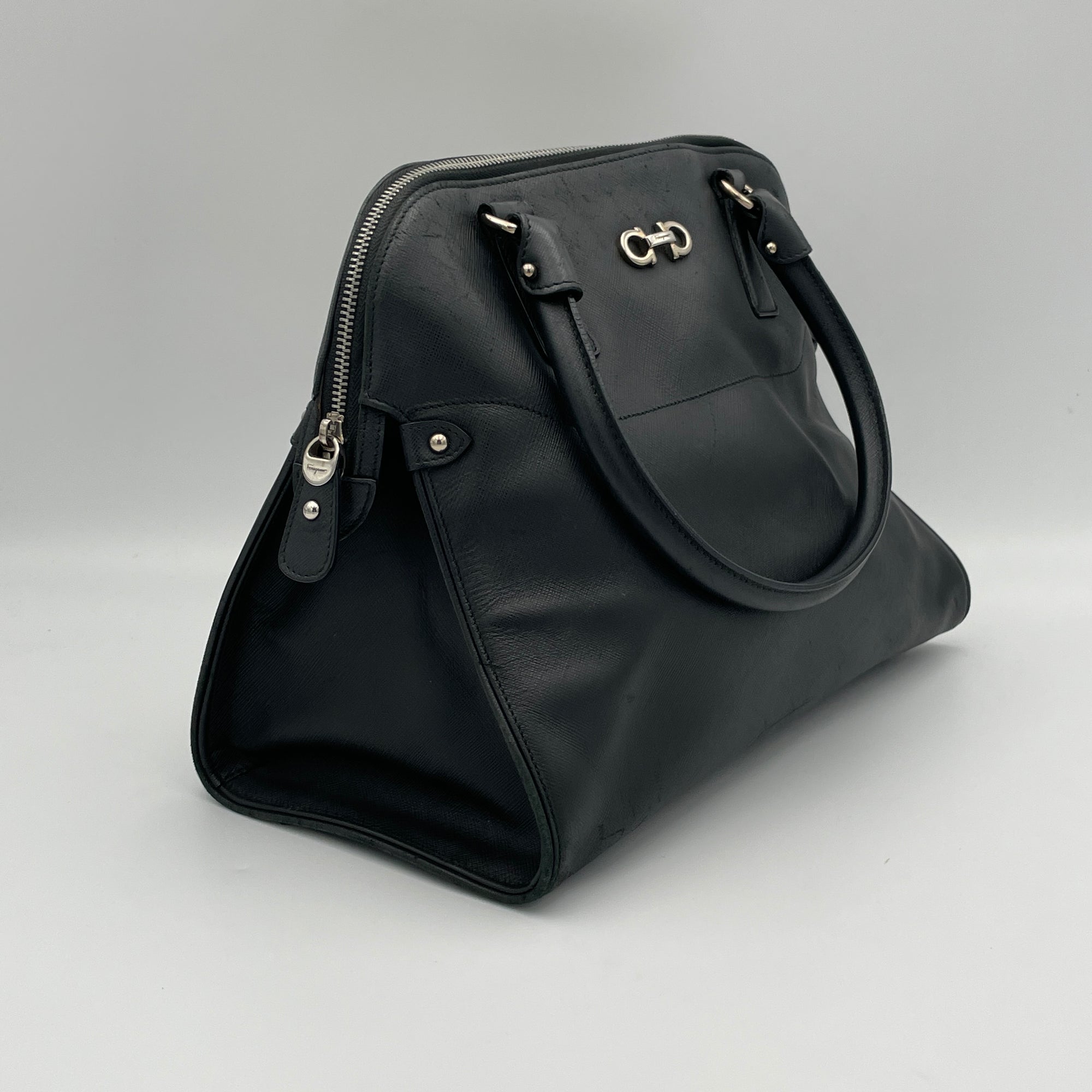 Darina Black Top Handle Bag in Calfskin, Silver hardware