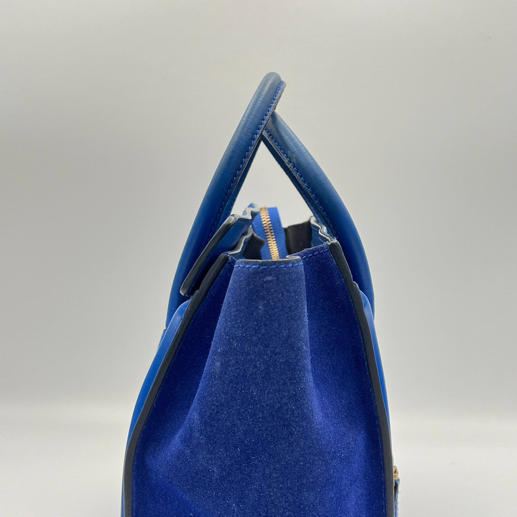 Luggage Micro Blue Top Handle Bag in Suede Leather, Gold hardware