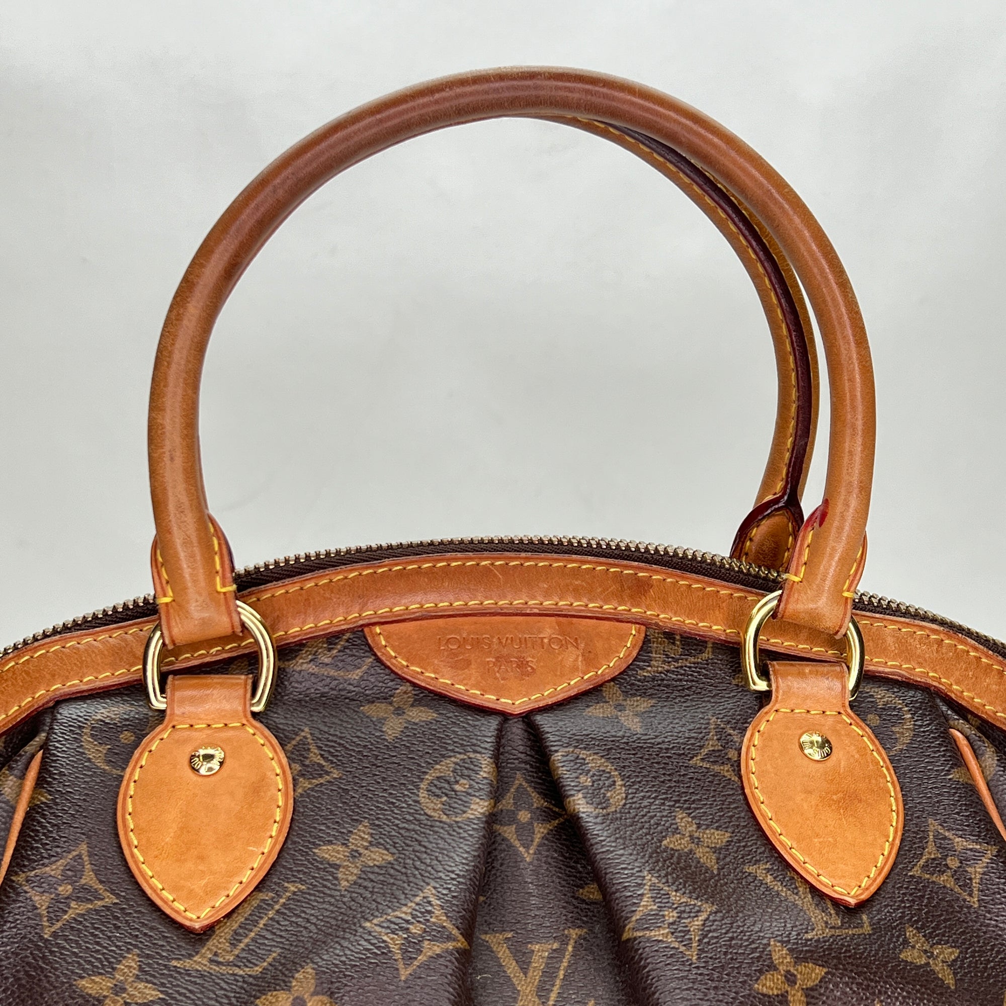 Tivoli PM Brown Top Handle Bag in Monogram Coated Canvas, Gold hardware