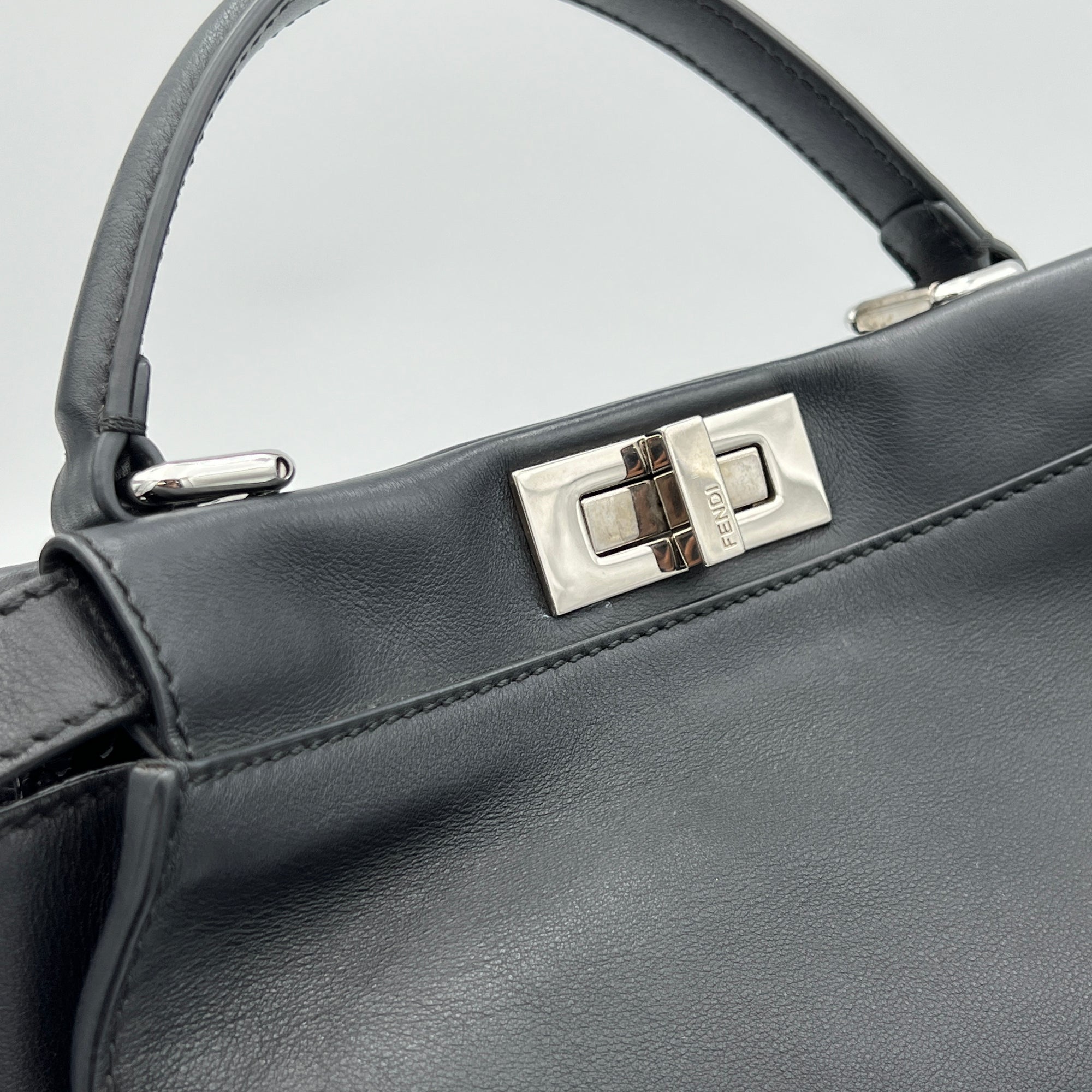 Peekaboo Medium Black Top Handle Bag in Calfskin, Silver hardware