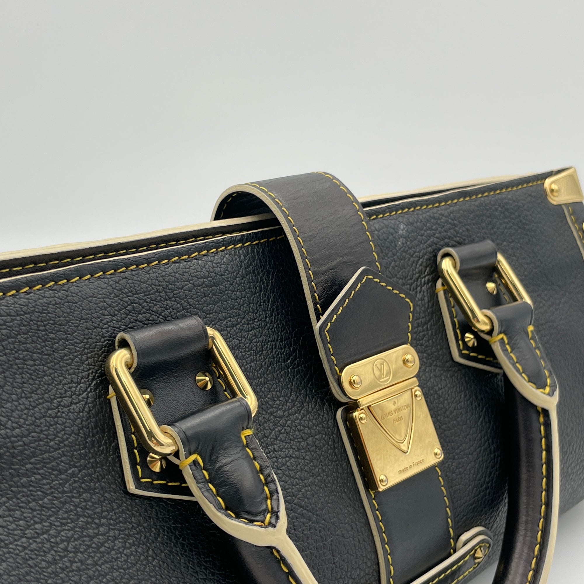 Suhali L'Epanoui PM Black Top Handle Bag in Calfskin, Gold hardware