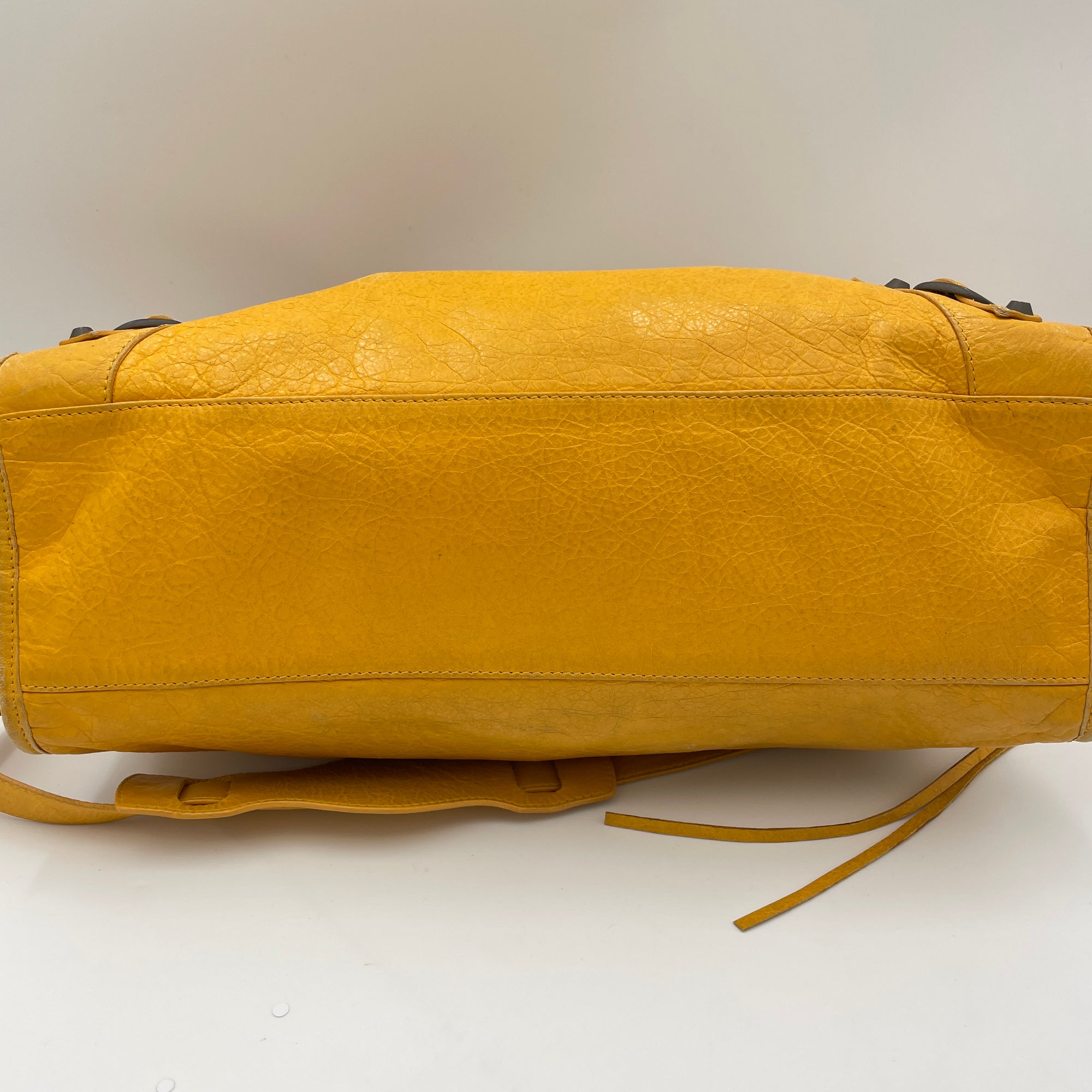 City Yellow Top Handle Bag in Distressed Leather, Antique Brass hardware