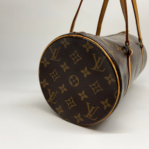 Papillon Brown Top Handle Bag in Monogram Coated Canvas, Gold hardware