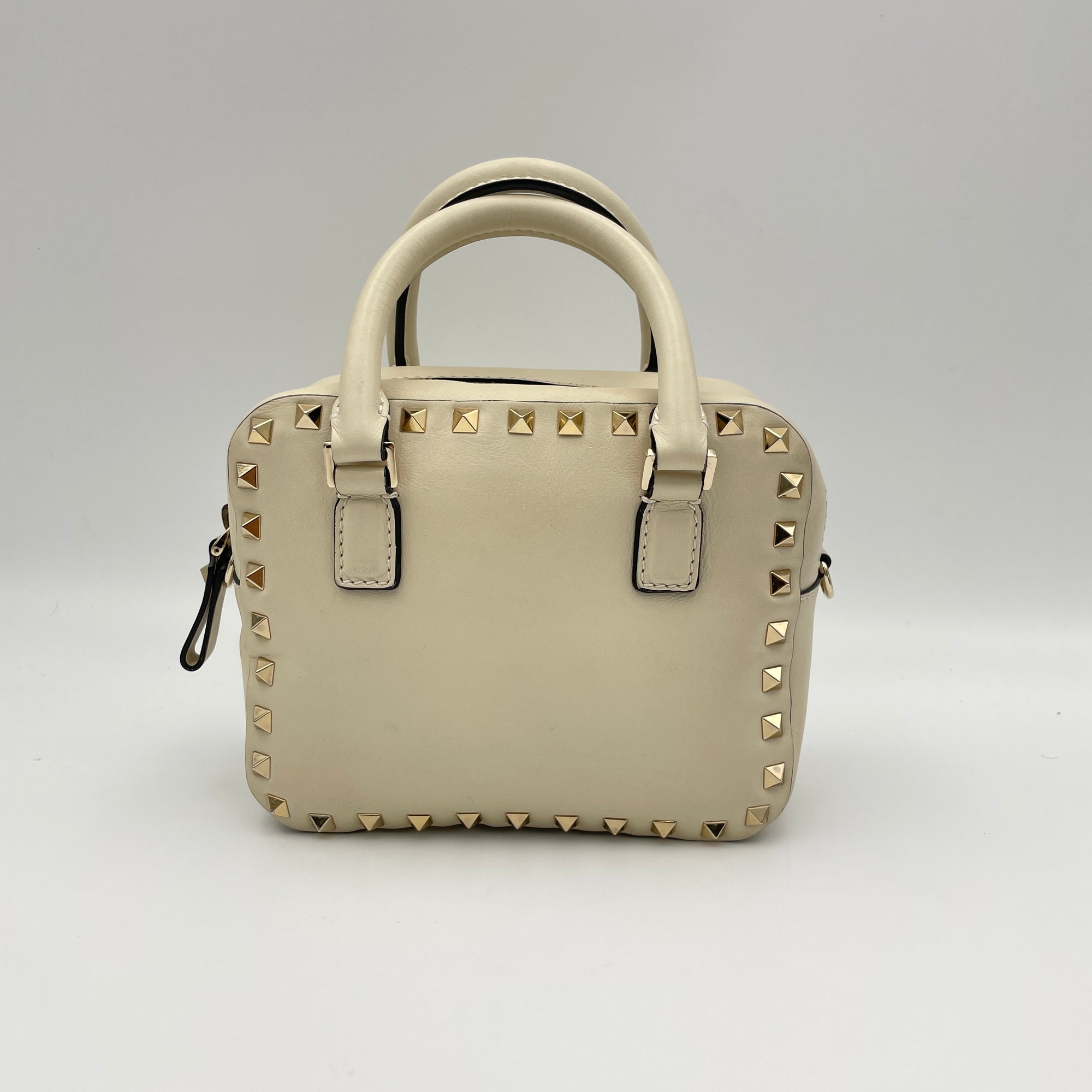 Rockstud Cream Top Handle Bag in Calfskin, Gold hardware