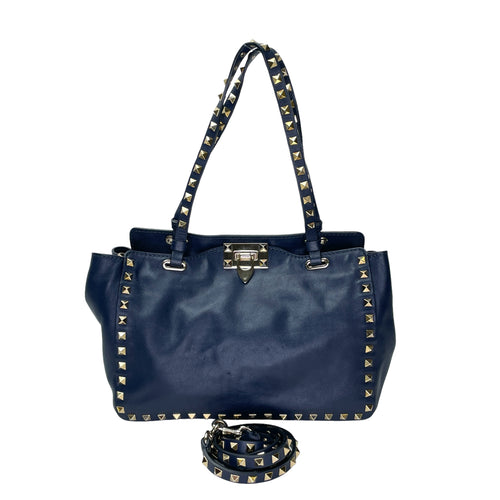 Rockstud Navy Top Handle Bag in Calfskin, Gold hardware