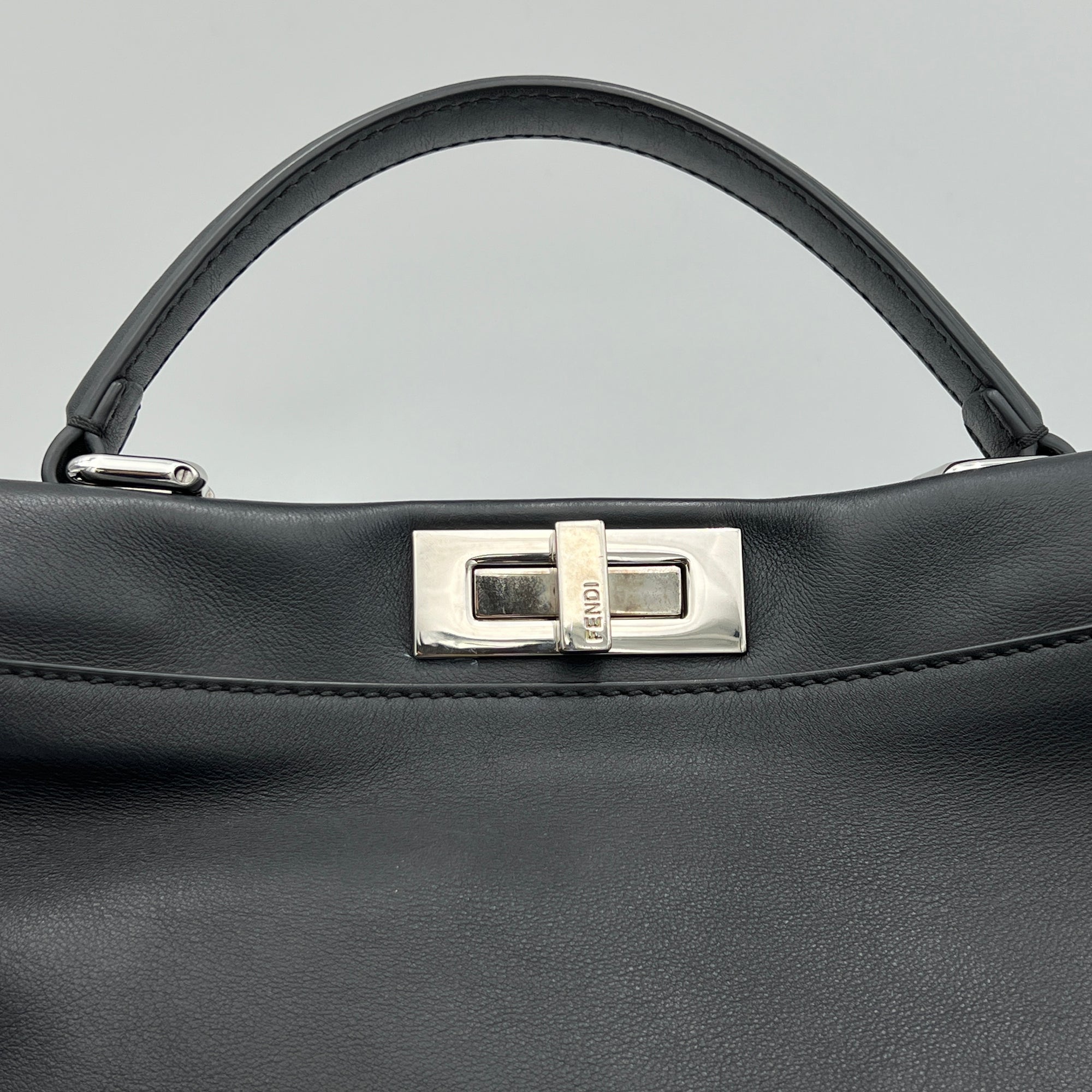 Peekaboo Medium Black Top Handle Bag in Calfskin, Silver hardware