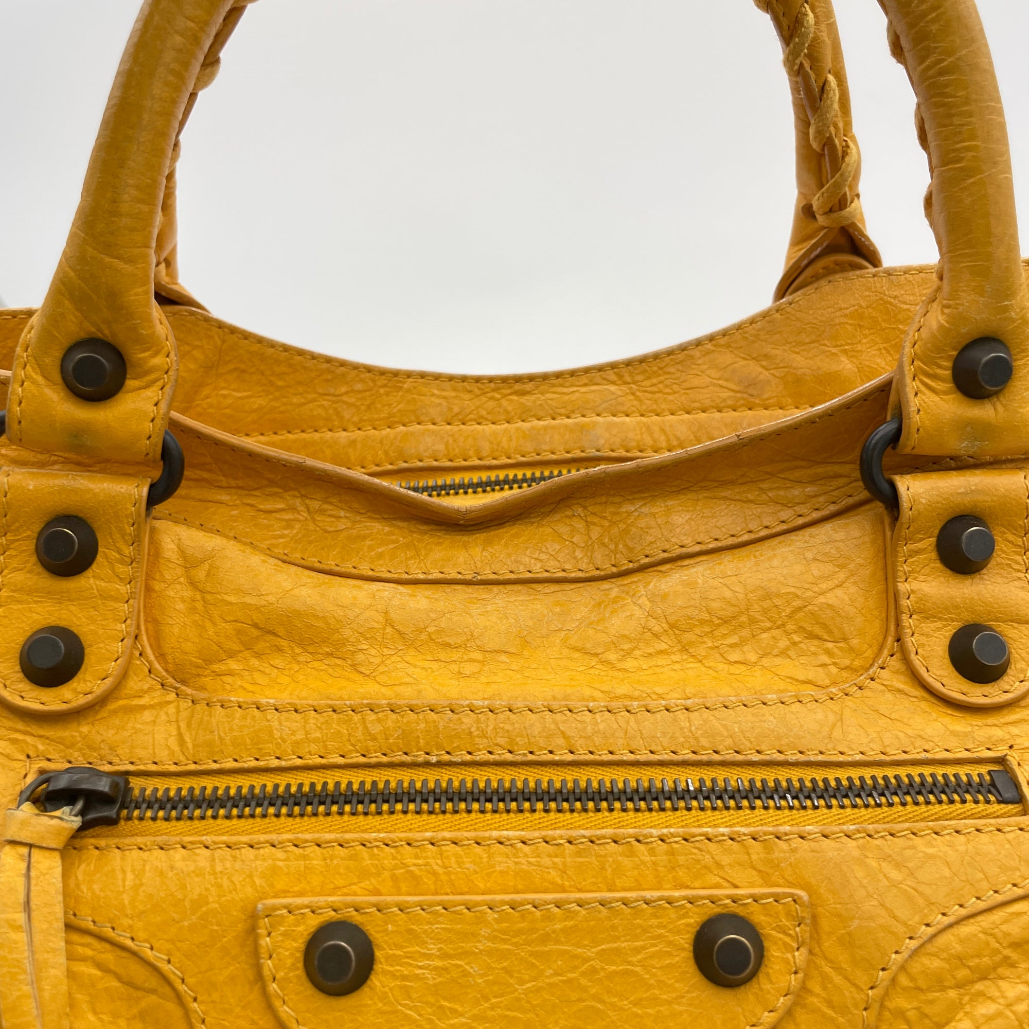 City Yellow Top Handle Bag in Distressed Leather, Antique Brass hardware