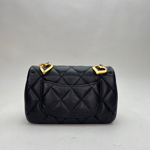 Flap Heart Chain Black Crossbody Bag in Lambskin, Brushed Gold hardware