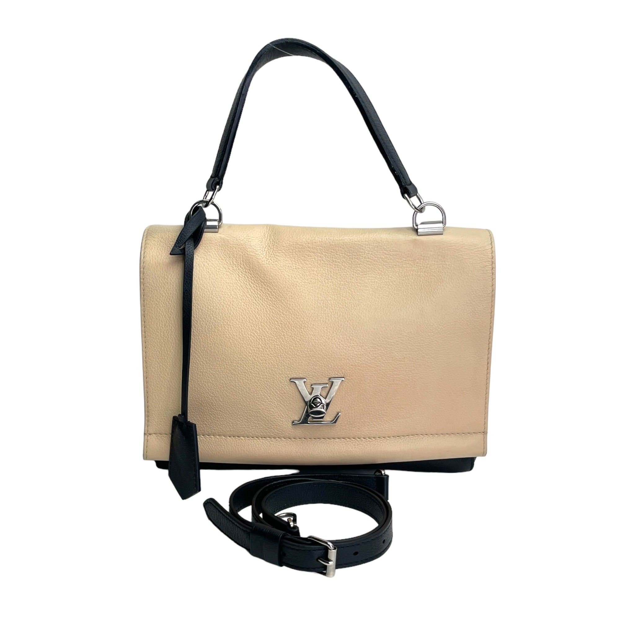 Lockme II Black Top Handle Bag in Calfskin, Silver hardware