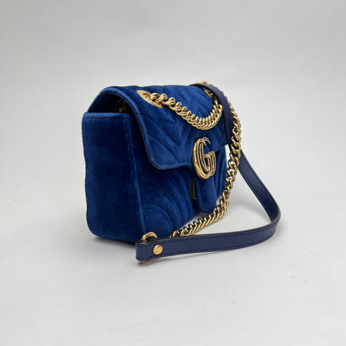 GG Marmont Mini Blue Crossbody Bag in Velvet, Gold hardware