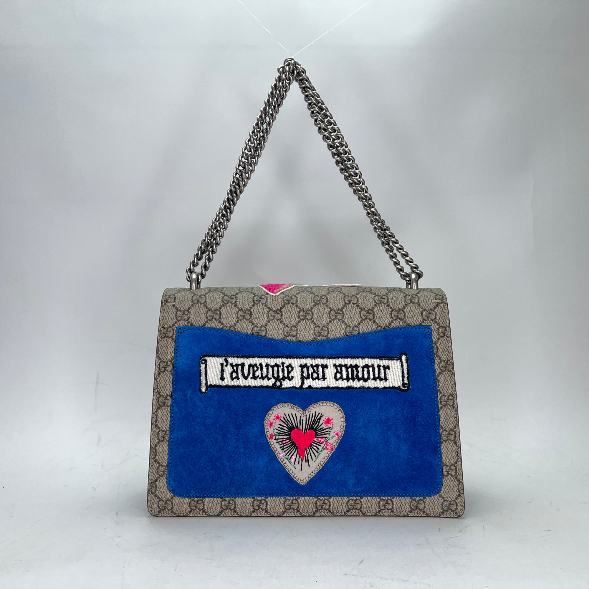 EMBROIDERED CAT & BUTTERFLY CHAIN SHOULDER Blue Shoulder Bag in Coated Canvas, Brushed Silver hardware