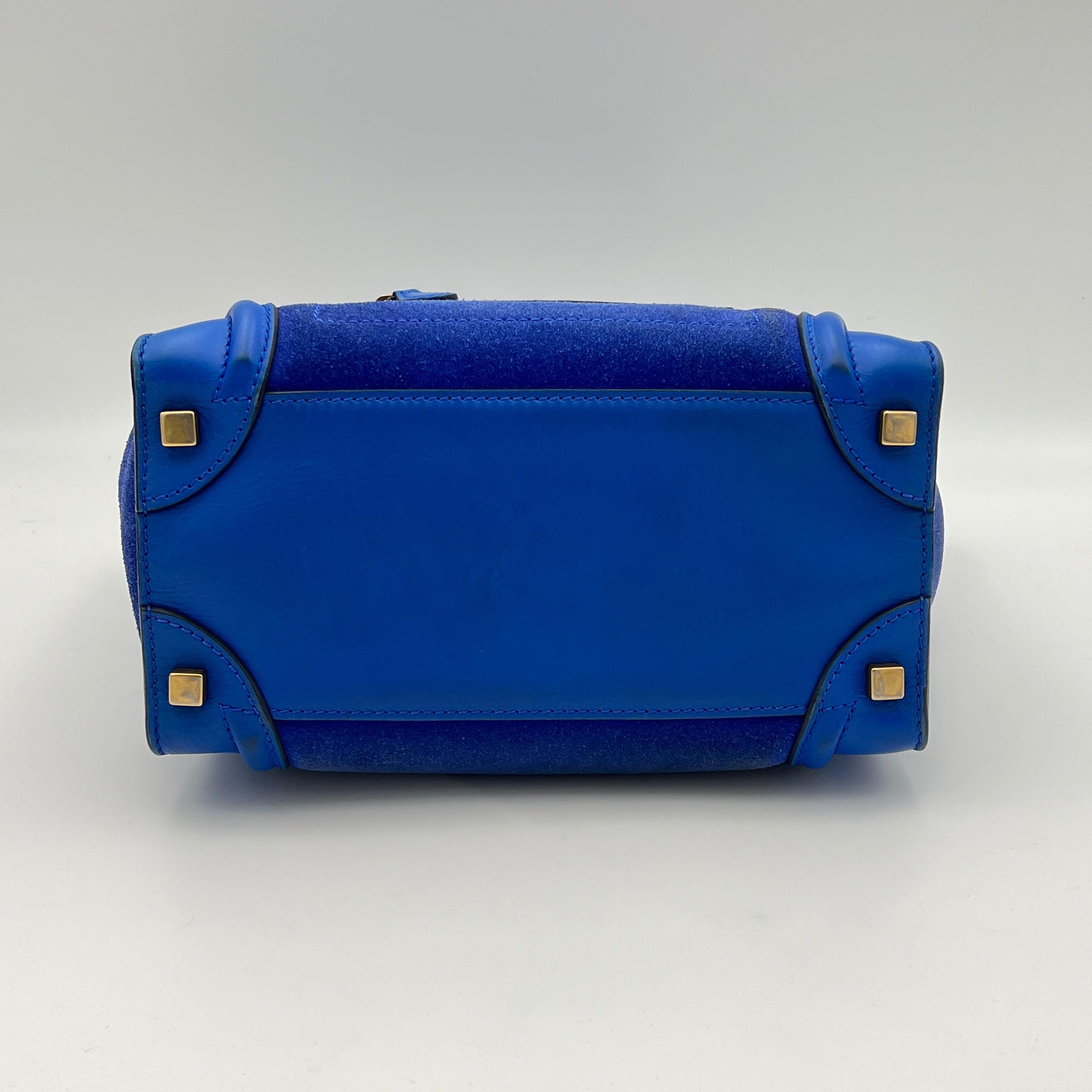 Luggage Micro Blue Top Handle Bag in Suede Leather, Gold hardware