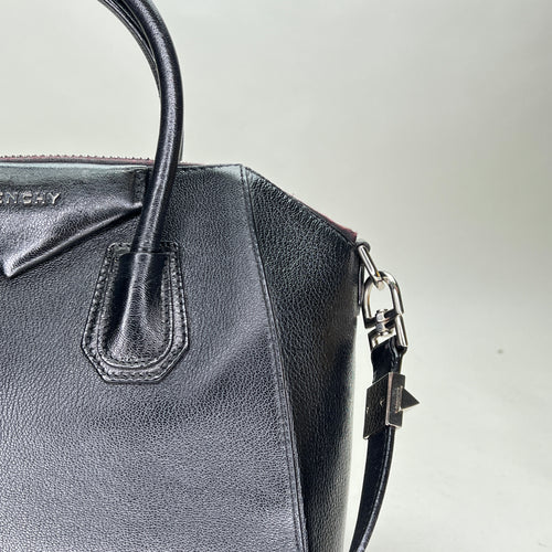 Antigona Small Black Top Handle Bag in Calfskin, Silver hardware