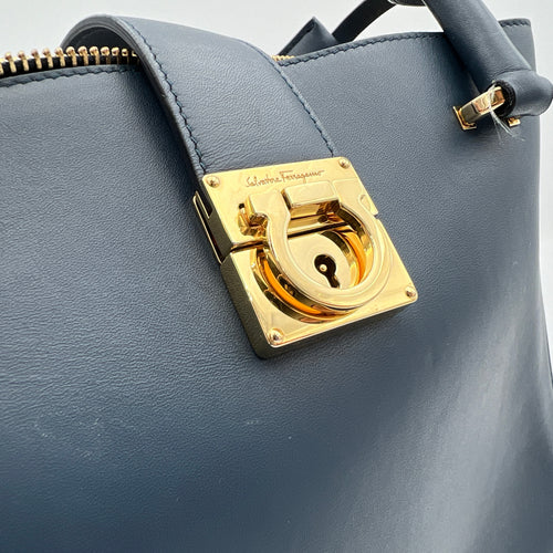 Gancini Navy Top Handle Bag in Calfskin, Gold hardware