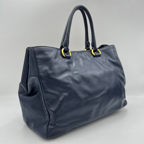 Vitello Shine Navy Top Handle Bag in Calfskin, Gold hardware