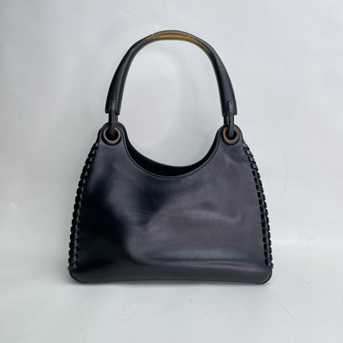 Whipstitch Wooden Handle Hobo Black Shoulder Bag in Calfskin, Lacquered Metal hardware