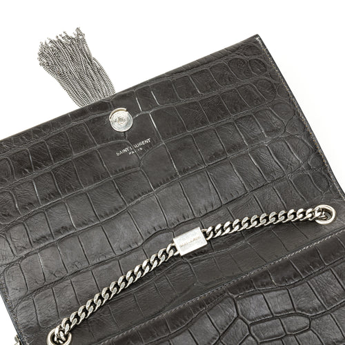 Kate Medium Black Shoulder Bag in Crocodile Embossed Calfskin, Silver hardware