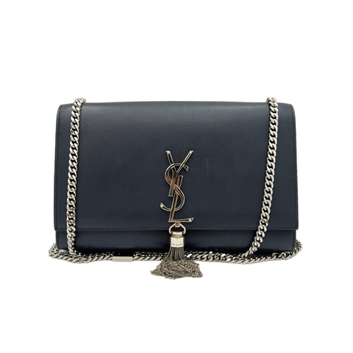 Kate Tassel Medium Navy Crossbody Bag in Calfskin, Silver hardware