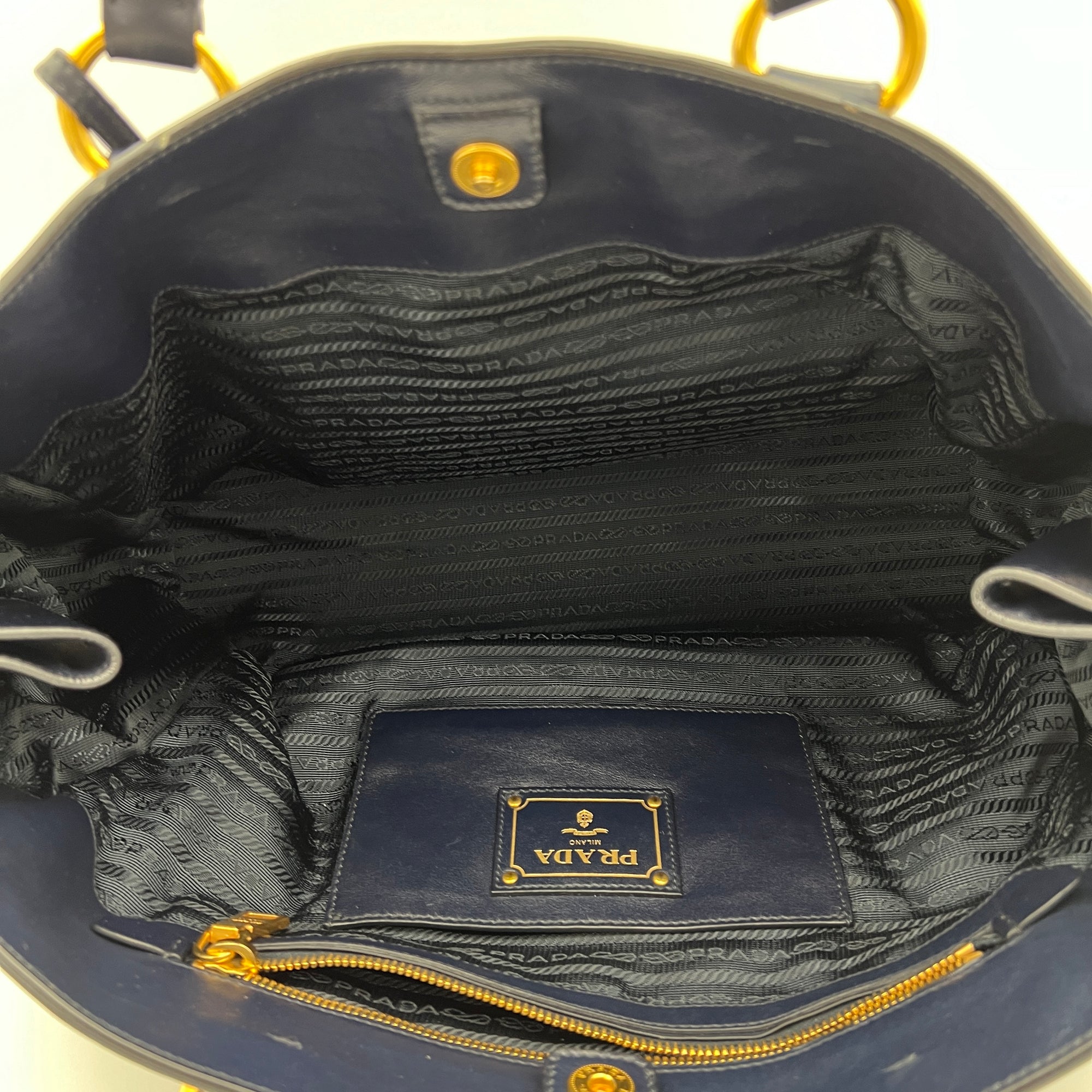 Vitello Shine Navy Top Handle Bag in Calfskin, Gold hardware