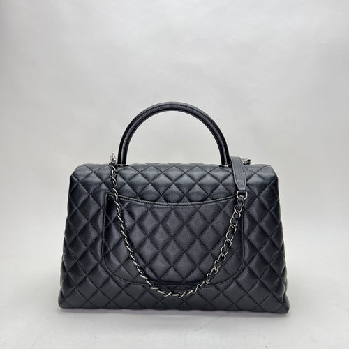 Coco Medium Black Top Handle Bag in Caviar Leather, Ruthenium hardware