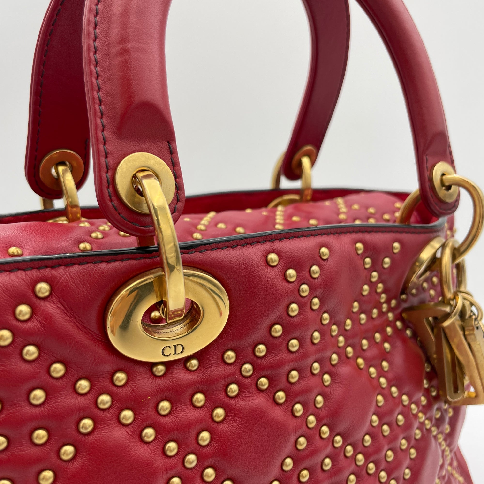 Lady Dior Medium Red Top Handle Bag in Lambskin, Gold hardware