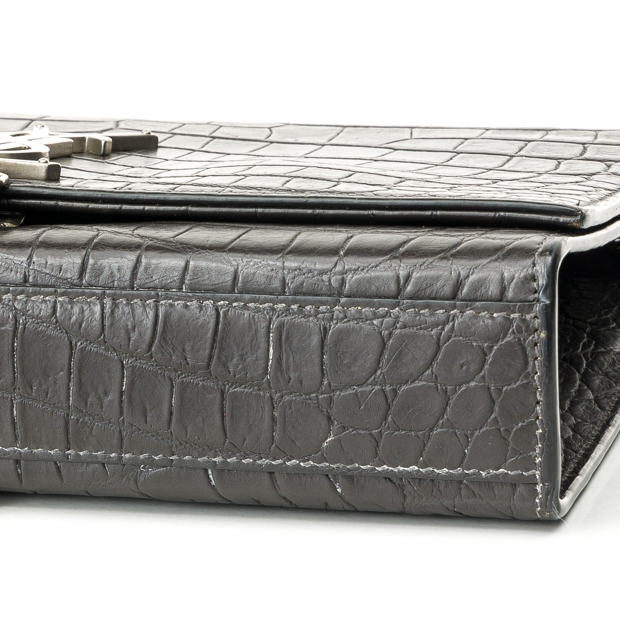 Kate Medium Black Shoulder Bag in Crocodile Embossed Calfskin, Silver hardware