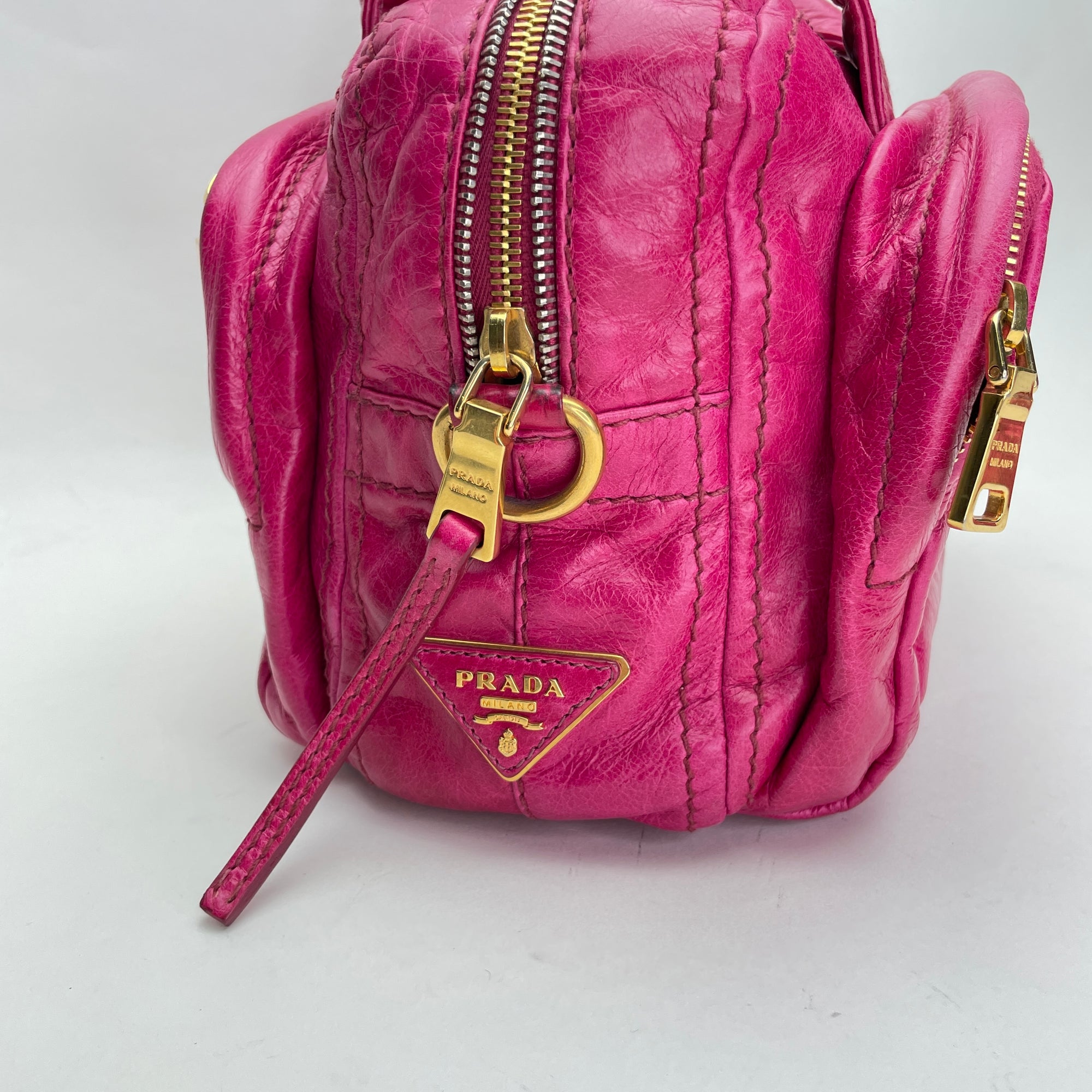 Vitello Shine Pink Top Handle Bag in Calfskin, Gold hardware