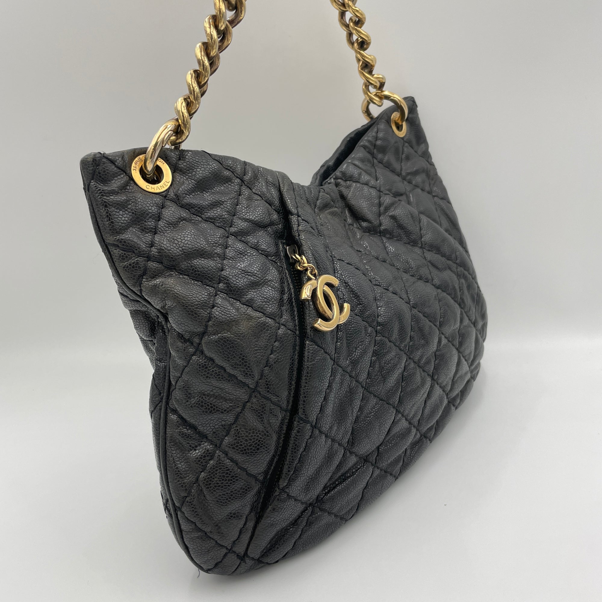 Coco Pleats Hobo Black Top Handle Bag in Caviar Leather, Gold hardware