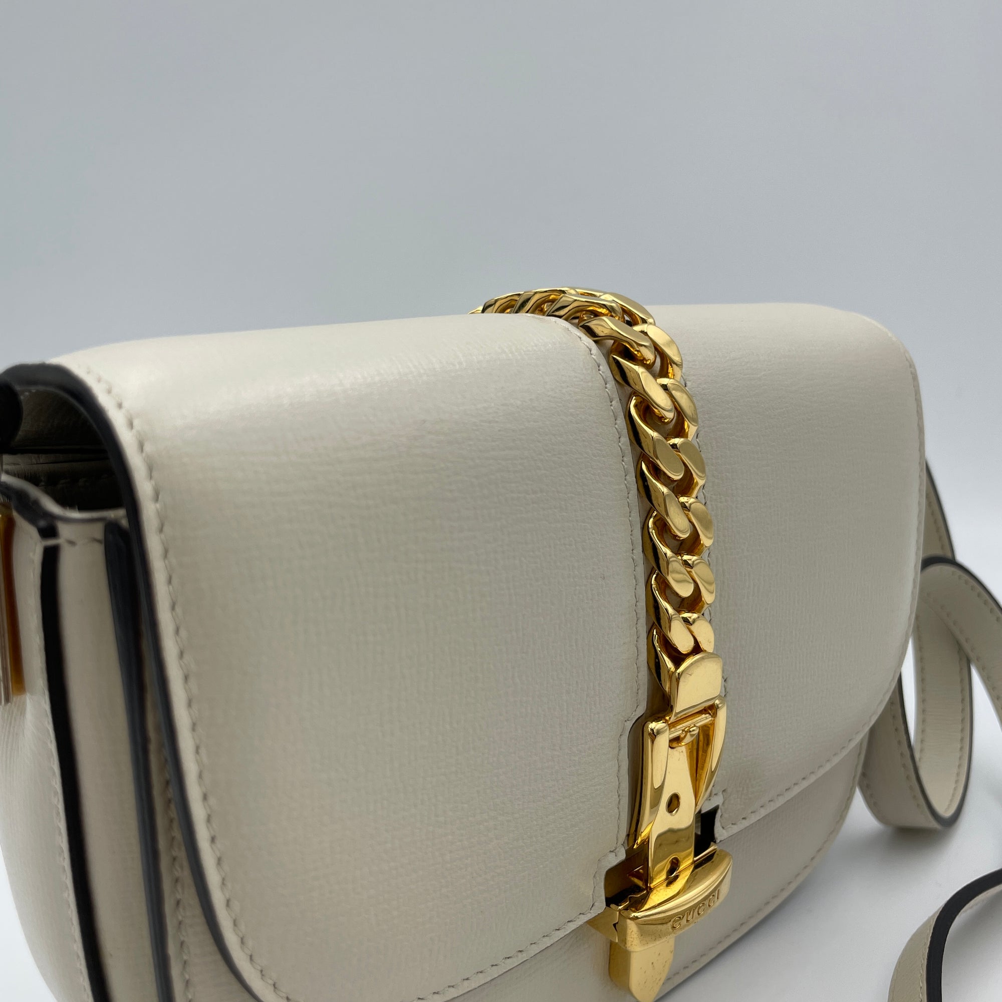 Sylvie 1969 Mini White Crossbody Bag in Calfskin, Gold hardware