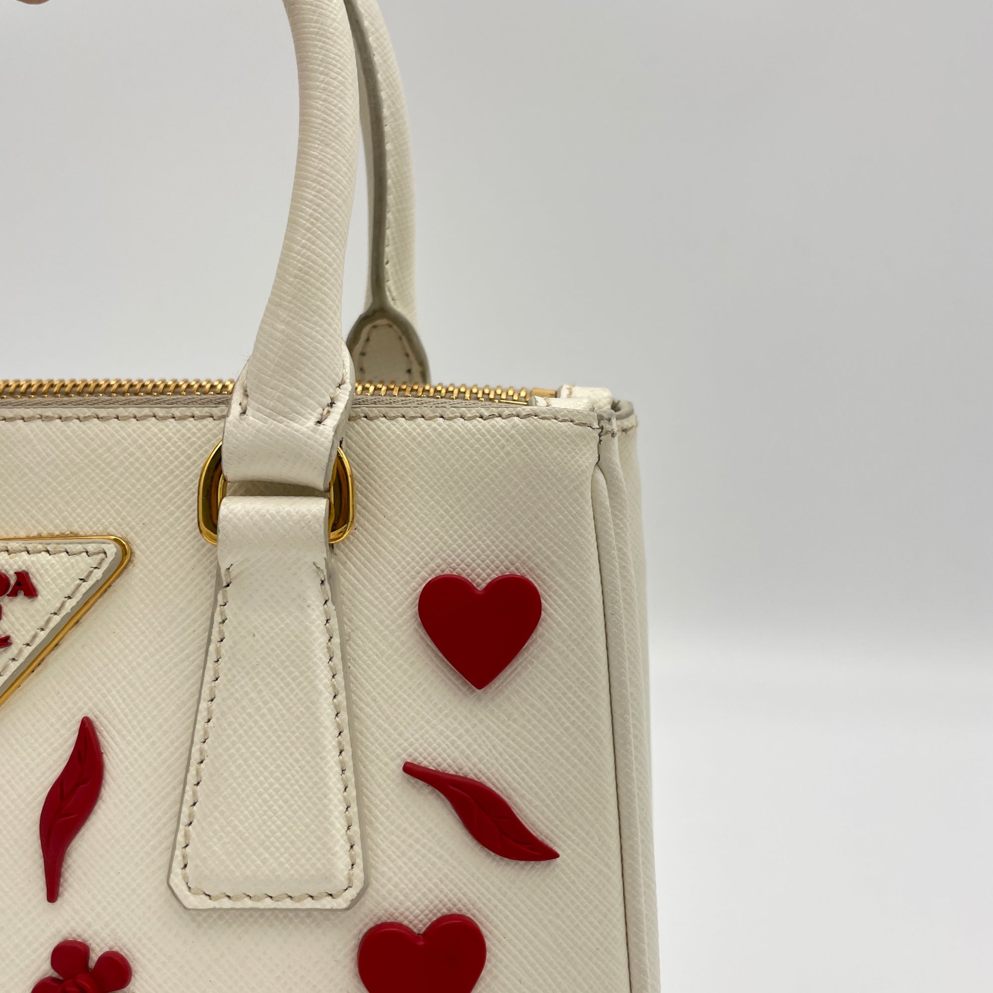 Galleria Mini White Top Handle Bag in Saffiano Leather, Gold hardware