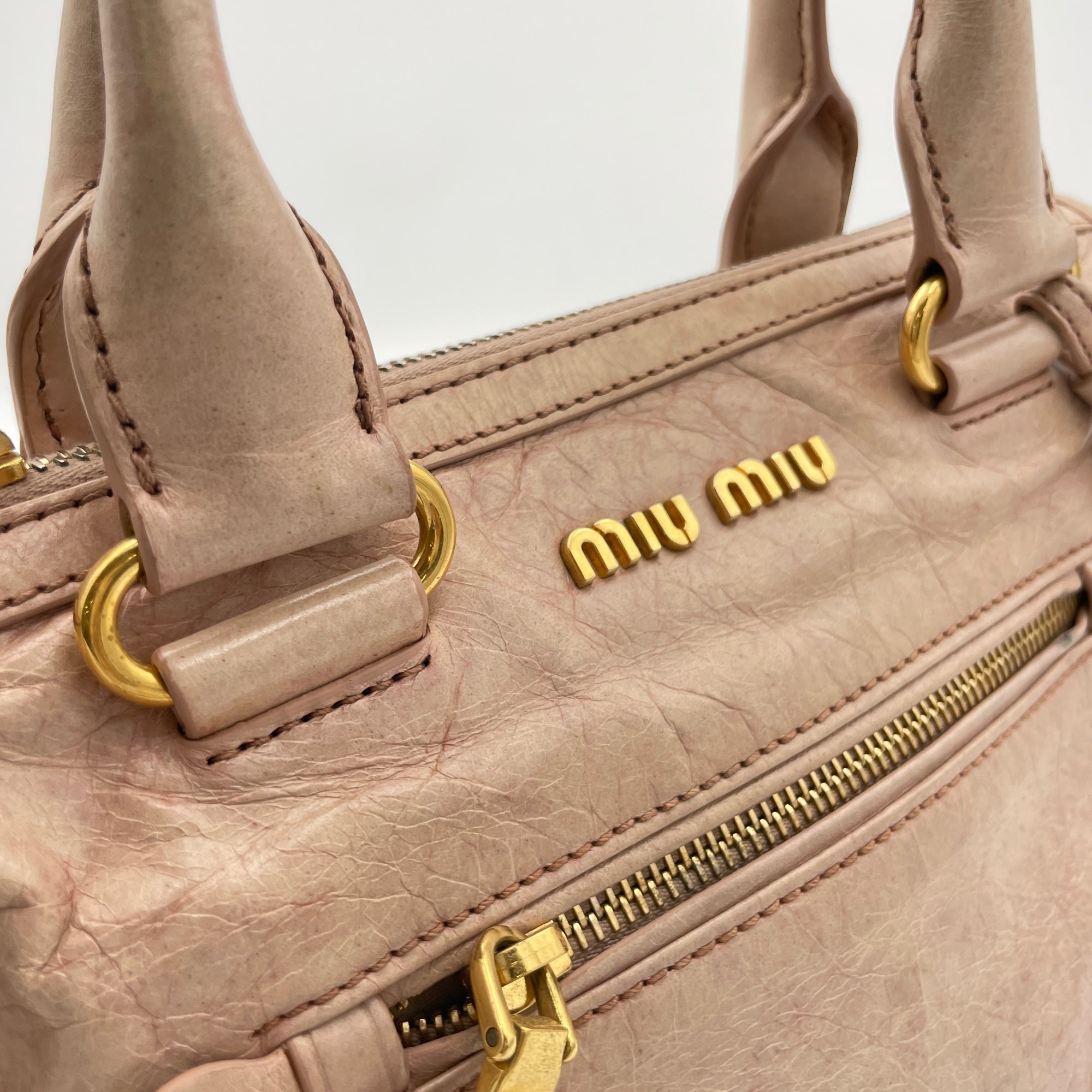 Vitello Shine Bauletto Satchel Pink Top Handle Bag in Distressed Leather, Gold hardware