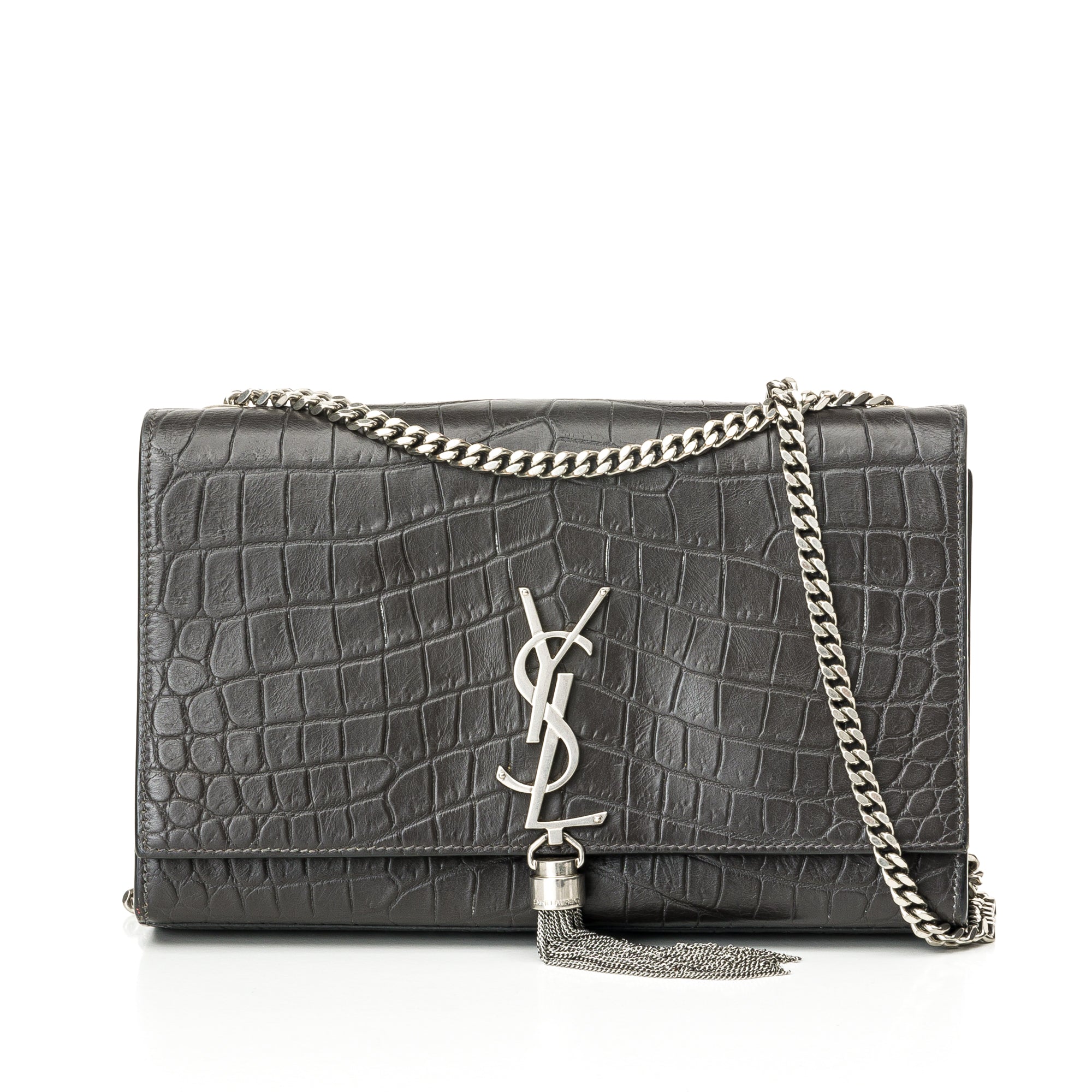 Kate Medium Black Shoulder Bag in Crocodile Embossed Calfskin, Silver hardware