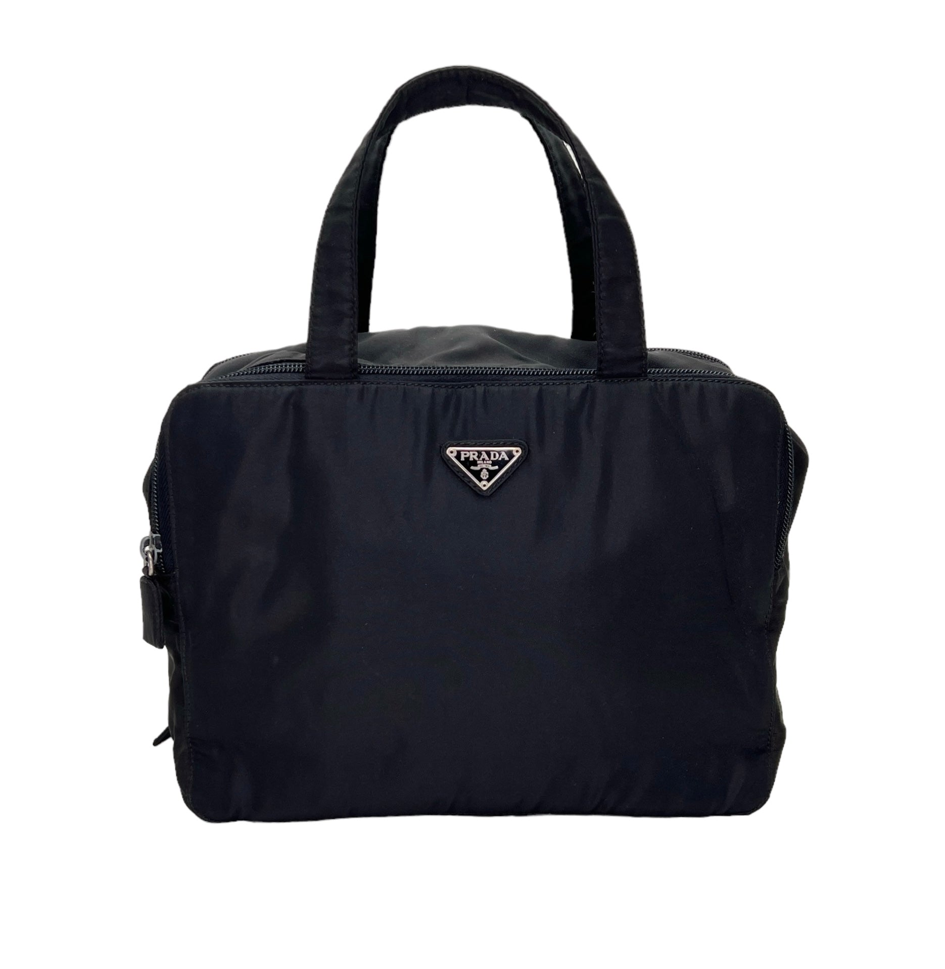 Travel Cosmetic Black Top Handle Bag in Nylon, Silver hardware