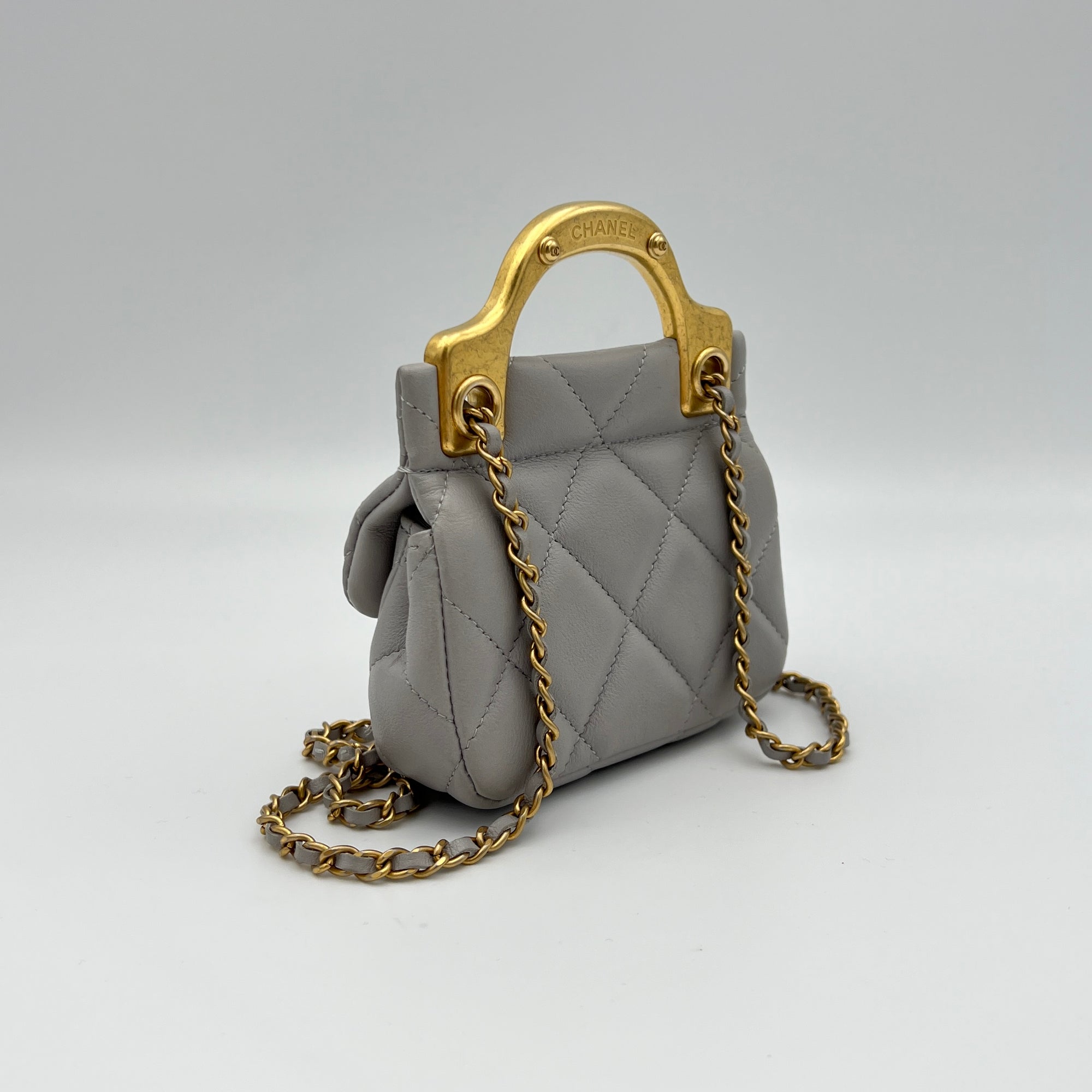 Lady Handle Grey Top Handle Bag in Lambskin, Gold hardware