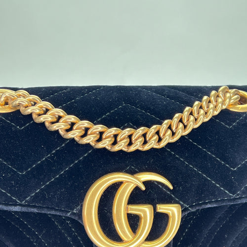 GG Marmont Mini Black Shoulder Bag in Velvet, Gold hardware