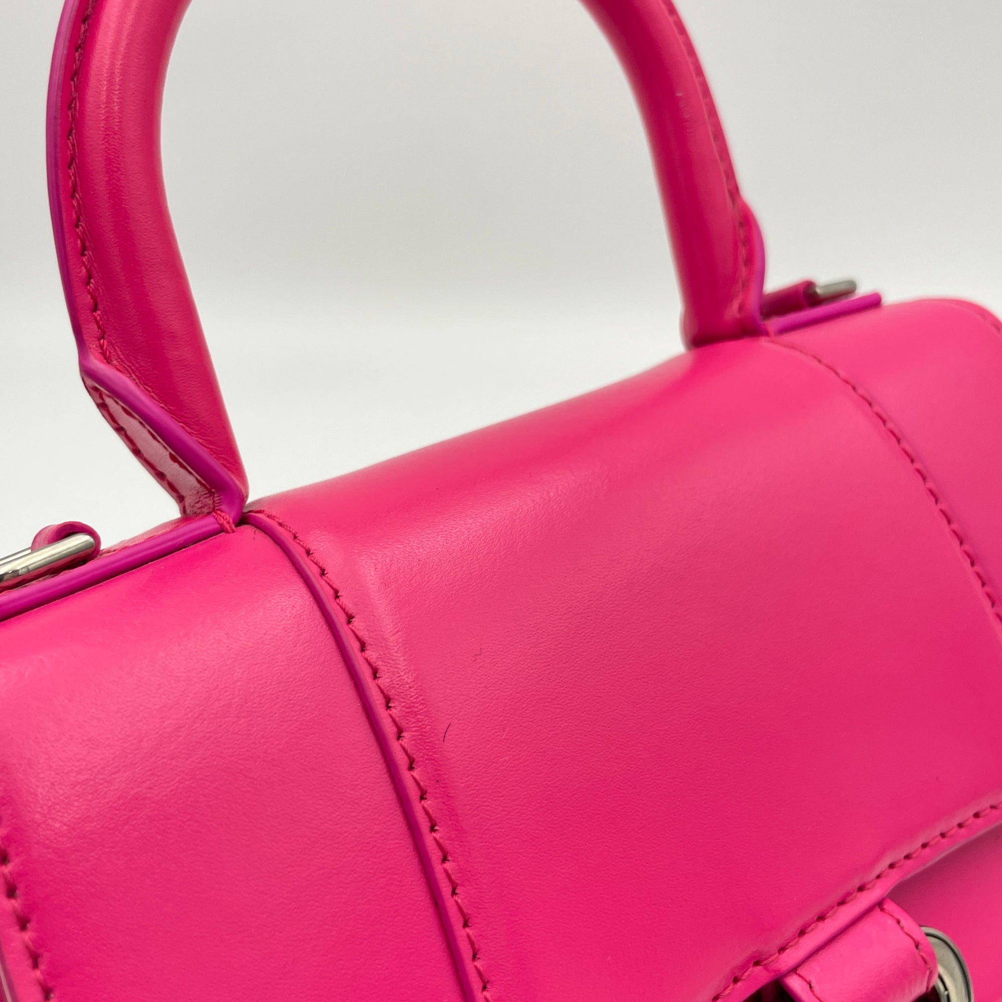 Hourglass XS Pink Top Handle Bag in Calfskin, Silver hardware