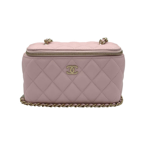 Quilted Pink Vanity Bag in Caviar Leather, Light Gold hardware