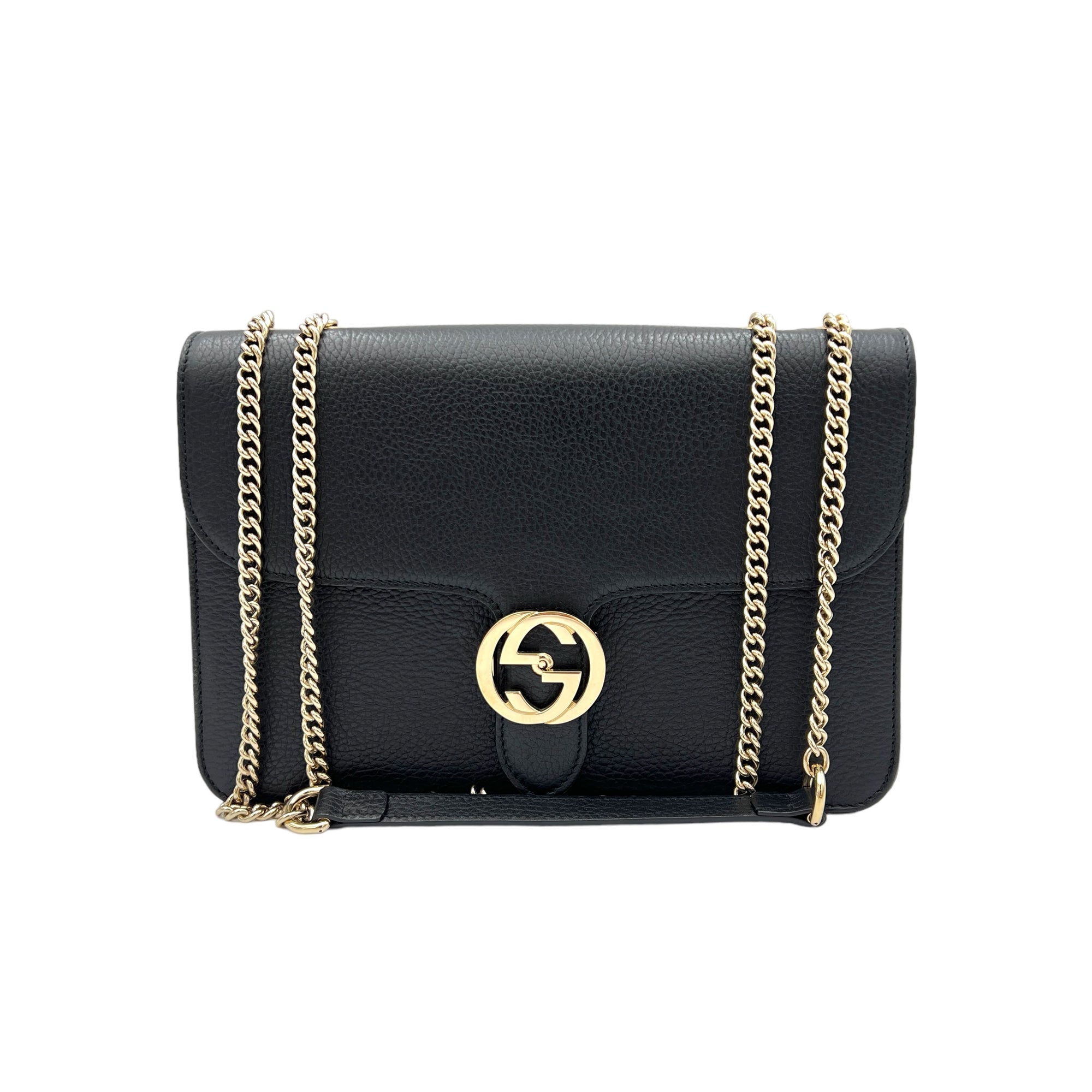 Interlocking Black Crossbody Bag in Calfskin, Gold hardware