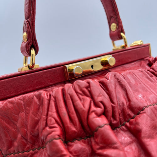 Vitello Lux Frame Red Top Handle Bag in Distressed Leather, Gold hardware