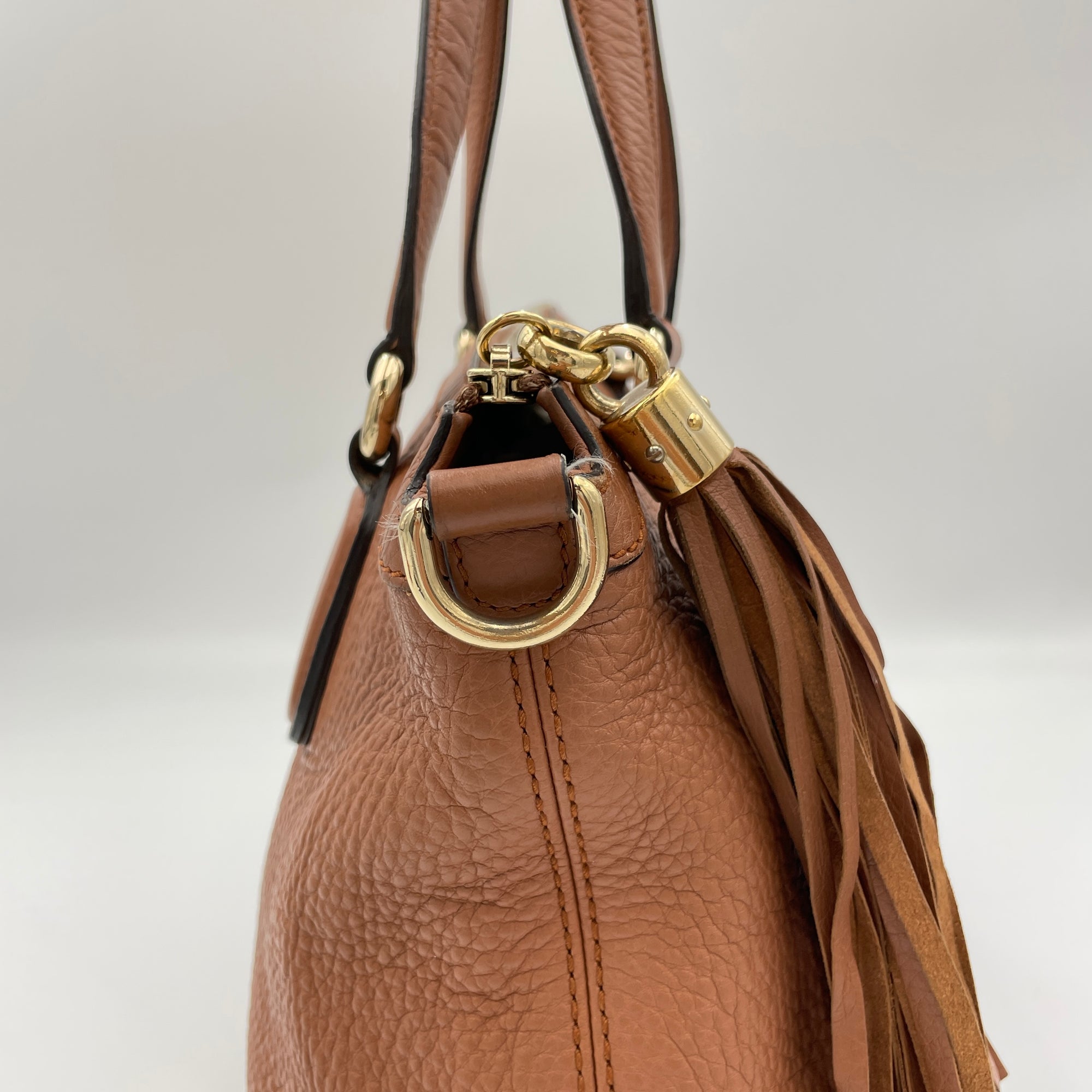 Soho Two-Way Brown Top Handle Bag in Calfskin, Gold hardware