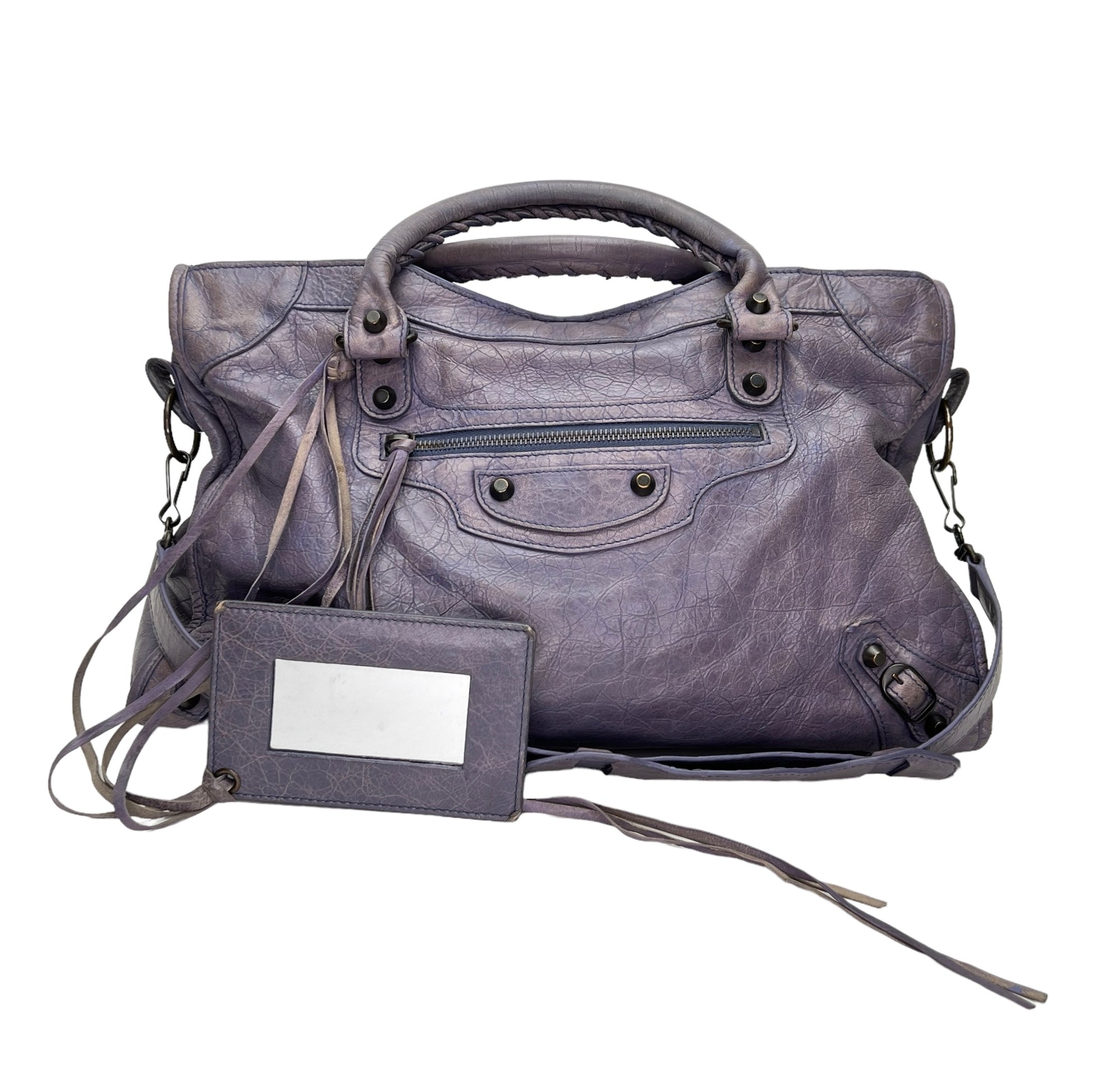 City Medium Purple Shoulder Bag in Distressed Leather, Gunmetal hardware