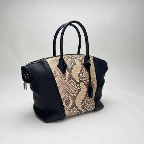 LockIt PM Black Top Handle Bag in Python Leather, Silver hardware