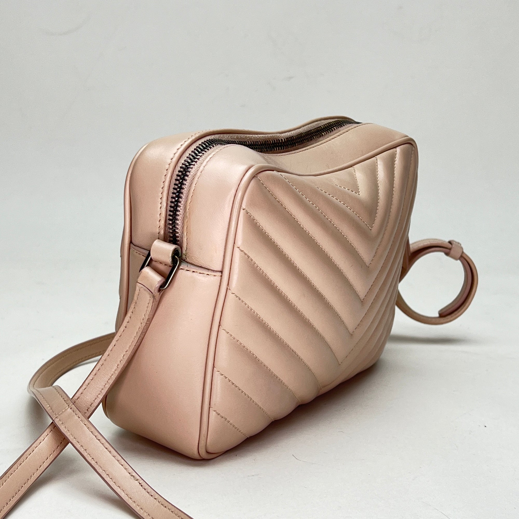 Lou Camera Pink Crossbody Bag in Calfskin, Silver hardware