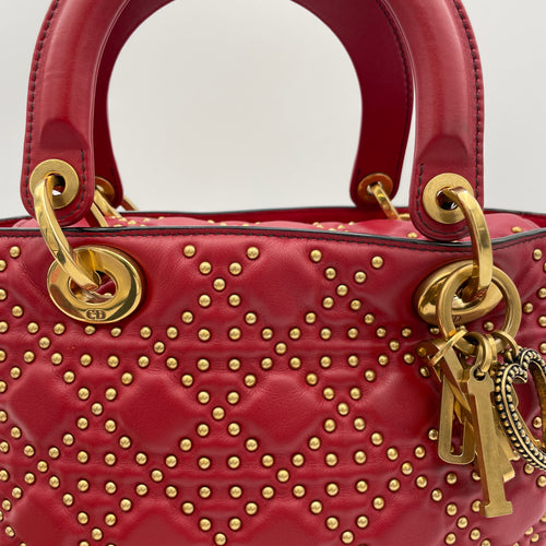 Lady Dior Medium Red Top Handle Bag in Lambskin, Gold hardware