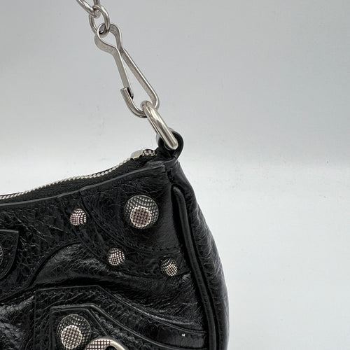 Le Cagole Mini Black Shoulder Bag in Distressed Leather, Silver hardware