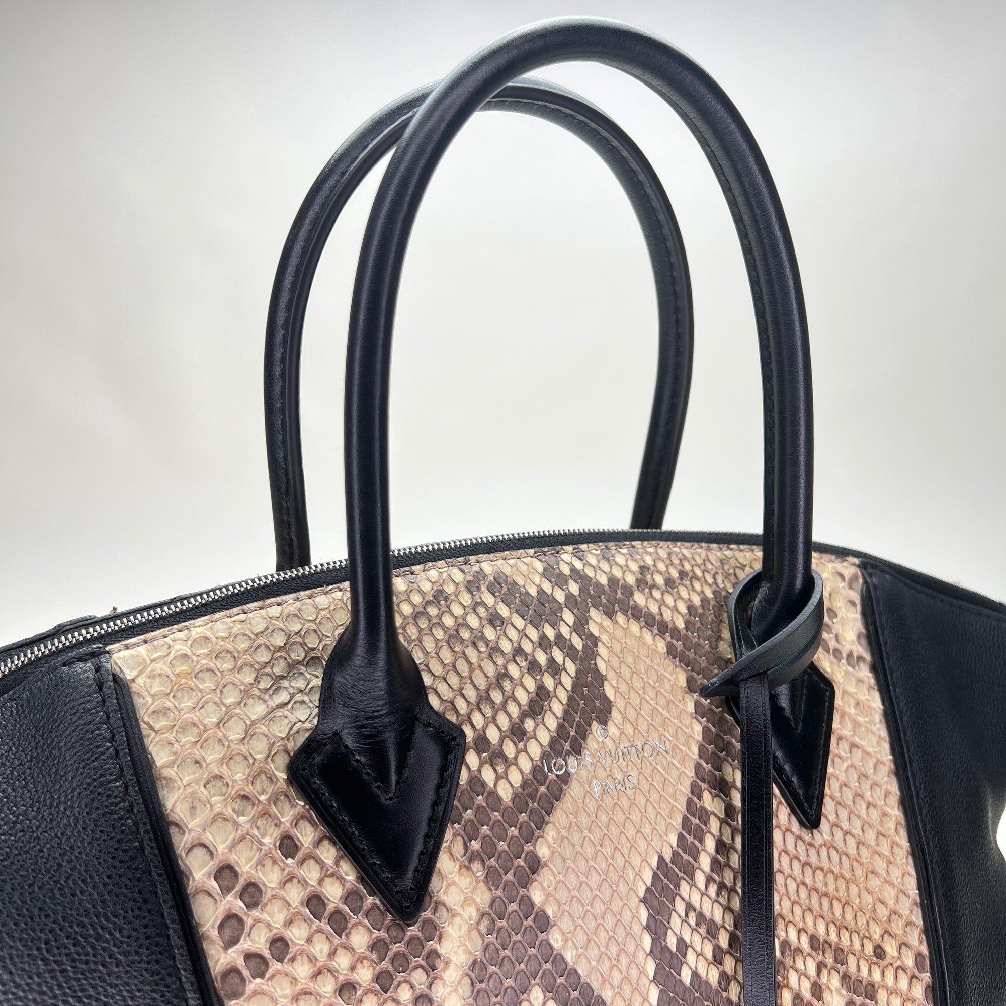 LockIt PM Black Top Handle Bag in Python Leather, Silver hardware