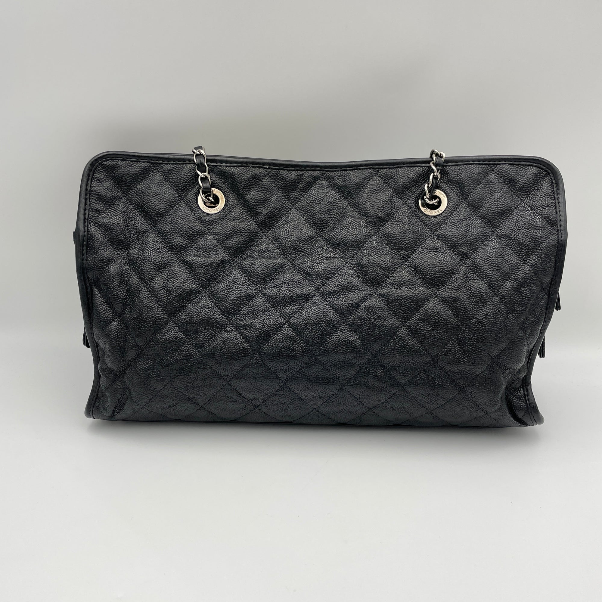 Quilted Riviera Black Tote Bag in Caviar Leather, Silver hardware