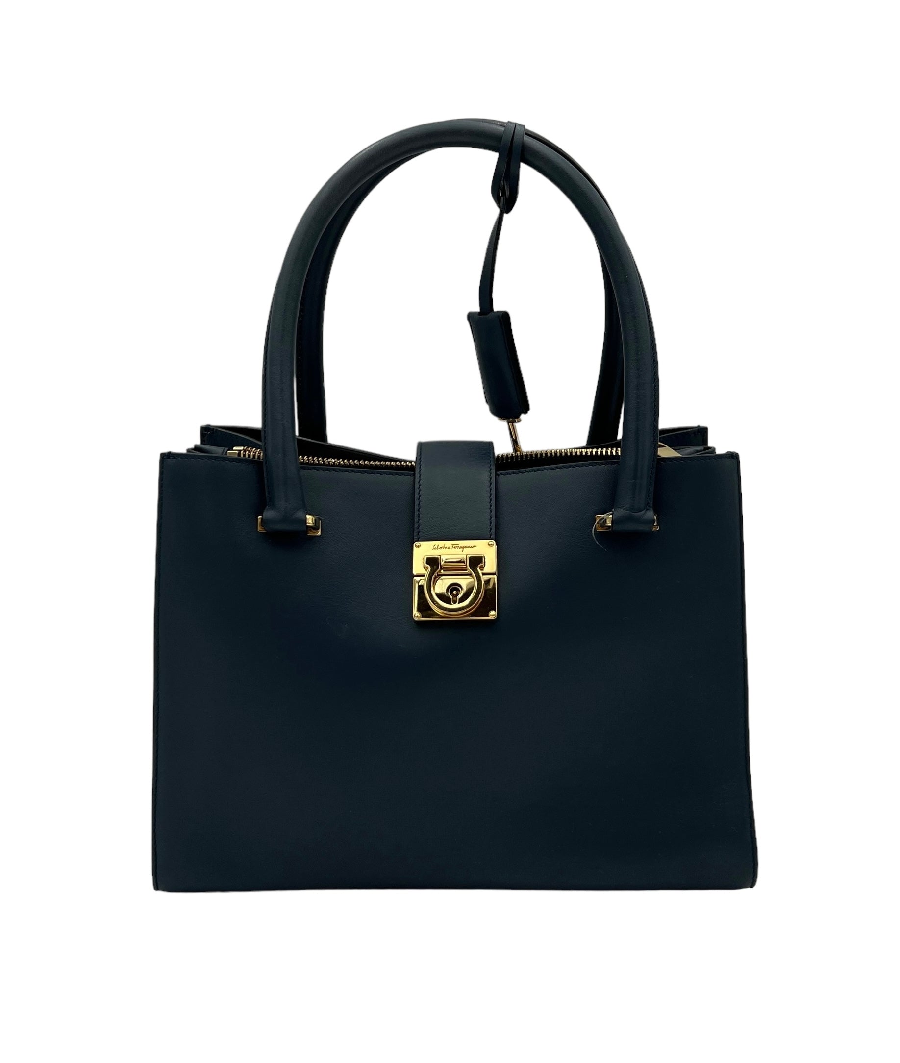 Gancini Navy Top Handle Bag in Calfskin, Gold hardware