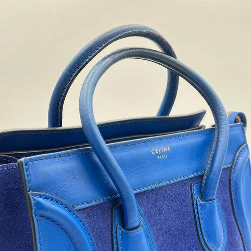 Luggage Micro Blue Top Handle Bag in Suede Leather, Gold hardware